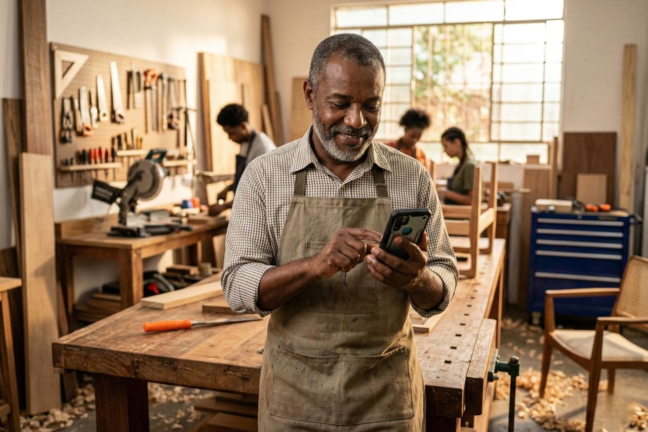 Pessoa usando celular em sua oficina, representando o acesso ao crédito digital que as fintechs trouxeram para trabalhadores informais