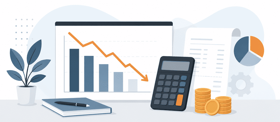 Ilustração de gráfico financeiro com setas indicando redução de custos corporativos