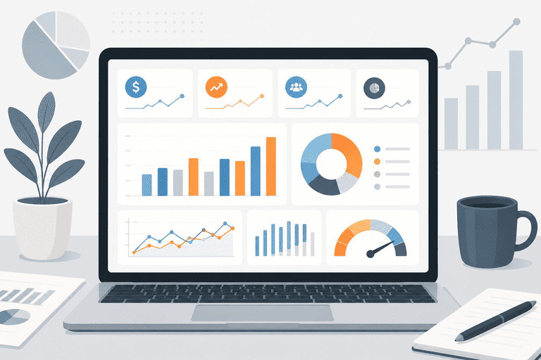 Painel de indicadores financeiros com gráficos representando monitoramento de custos
