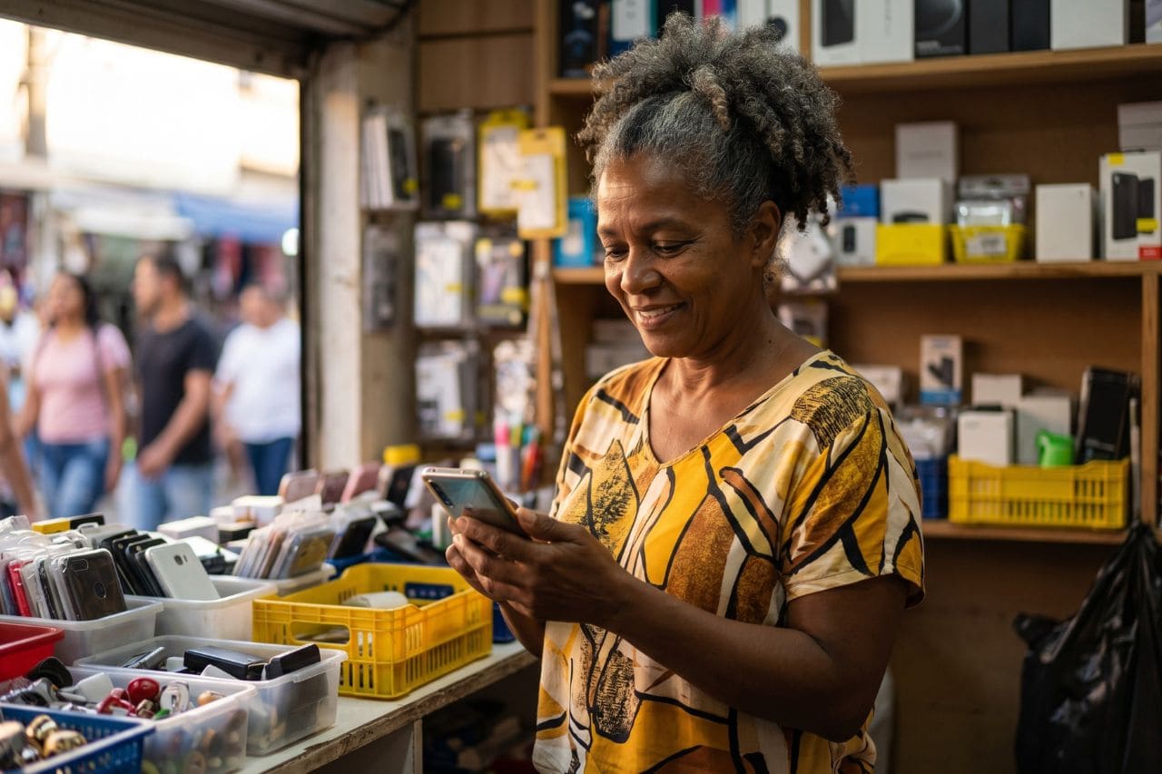 Trabalhadora autônoma sorrindo enquanto confere o celular em sua banca de acessórios