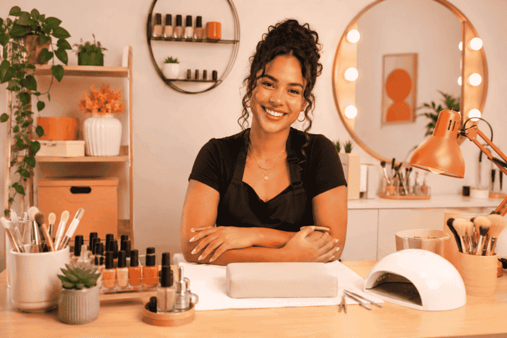 Profissional de beleza formada em curso gratuito atendendo cliente