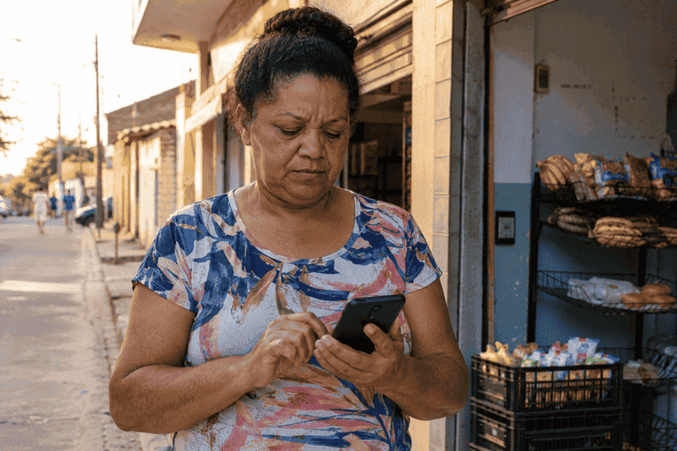 Mulher consultando a situação das dívidas pelo celular em casa
