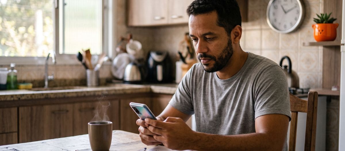 Homem acompanha pelo celular a análise do empréstimo aprovado em minutos