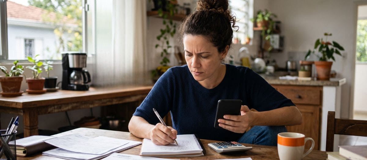 Mulher usa o celular para fazer uma simulação de empréstimo online na mesa de casa